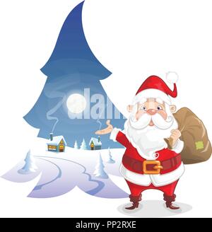 Illustrazione di natale - Inverno moonlight in forma di pino carino con Babbo Natale Illustrazione Vettoriale