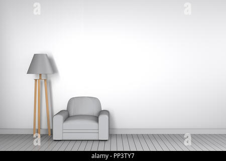 L interno è a3D divano rotondo e lampada sulla parete bianca e vuota di sfondo, Foto Stock