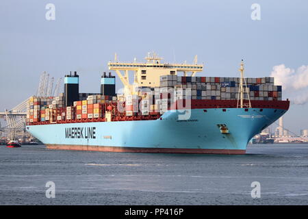 Il contenitore grande nave Morten Maersk lascia il porto di Rotterdam il 18 gennaio 2016. Foto Stock