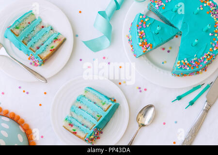 Torta di compleanno con glassa colorata e spruzza Foto Stock