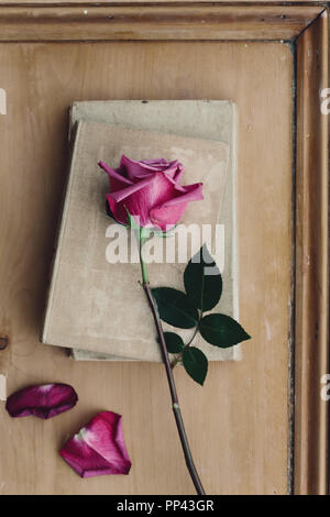 Rosa sbiadito rosa e vintage libri su uno sfondo di legno Foto Stock