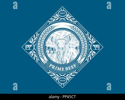 Bistecca di manzo 1 è un illustrazione vettoriale il badge sulla carne di qualità Illustrazione Vettoriale