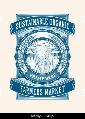 Organica sostenibile allevamento bovino packaging design 1 è un illustrazione vettoriale informazioni su agriturismo carni di qualità Illustrazione Vettoriale