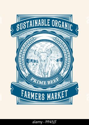 Organica sostenibile allevamento bovino packaging design 2 è un illustrazione vettoriale premium circa le carni bovine di qualità Illustrazione Vettoriale