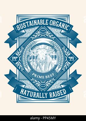 Organica sostenibile pascolo badge rialzata 2 è un illustrazione vettoriale sulla qualità della carne di manzo Illustrazione Vettoriale