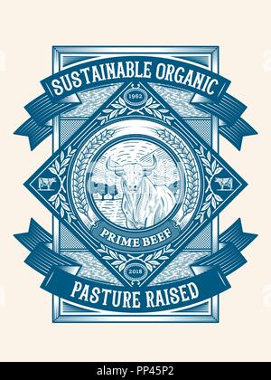 Organica sostenibile sollevata di pascolo badge è una illustrazione vettoriale circa le carni bovine di qualità Illustrazione Vettoriale
