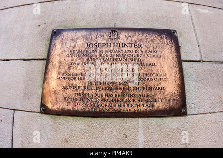 Lapide a Giuseppe cacciatore, Sheffield lo storico locale, Municipio, Sheffield Foto Stock