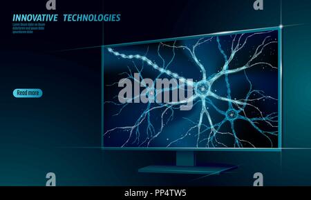 Neurone umano bassa poli anatomia del concetto. Rete neurale artificiale la tecnologia smart display casa di cloud computing. AI 3D astratto sistema di biologia. Blu poligonale incandescente illustrazione vettoriale Illustrazione Vettoriale