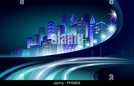 Smart city 3D neon incandescente cityscape. Intelligent building automation notte futuristico concetto di business. Web online colori vividi cyberpunk retrowave. Tecnologia urbano banner illustrazione vettoriale Illustrazione Vettoriale