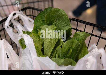 Gli spinaci in un sacchetto di plastica nel carrello Foto Stock