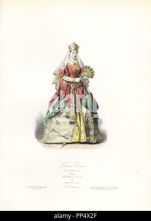 Donna turca di distinzione, dopo Abraham De Bruyn, 1581. Acciaio Handcolored incisione di Hippolyte Pauquet dai fratelli Pauquet 'Modi et costumi Etrangers Anciens et Modernes' (estera delle mode e dei costumi antichi e moderni), Paris, 1865. Hippolyte (b. 1797) e critica Polydor Pauquet (b. 1799) ha eseguito con successo una casa editrice di Parigi nel XIX secolo, specializzata in libri illustrati sul costume, uccelli, farfalle, anatomia e storia naturale. Foto Stock