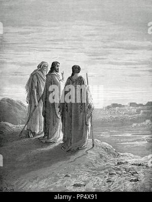 Il Nuovo Testamento. Vangelo di Luca. Capitolo XXIV. Gesù e i suoi discepoli di Emmaus. Disegno di Gustave Dore. Incisione di Pannemaker. Xix secolo. Foto Stock