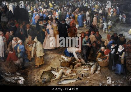 Jan Brueghel il Vecchio (1568-1625). Pittore fiammingo, porto in scena con la predicazione di Cristo, 1598. Dettaglio di un mercato del pesce. Alte Pinakothek. Monaco di Baviera. Germania. Foto Stock