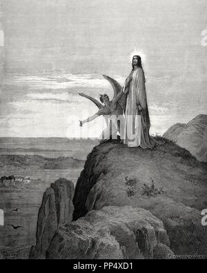 Il Nuovo Testamento. Vangelo di Matteo. Capitolo IV Gesù fu tentato dal diavolo. Gustave Dore il disegno. Incisione di Pannemaker. Xix secolo. Foto Stock