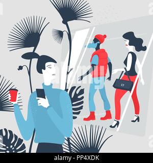 Illustrazione Vettoriale uomo con lo smartphone nel centro commerciale Illustrazione Vettoriale