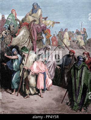 Josep venduto dai suoi fratelli. Genesi 37:38. Dore la Bibbia illustrazioni. Xix secolo. Incisione colorata. Foto Stock