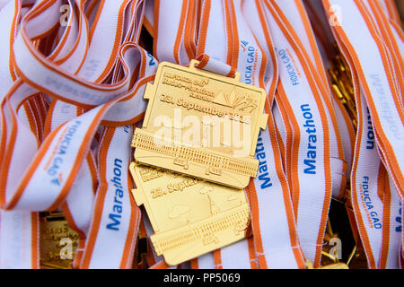 Karlsruhe, Germania. 23 Sep, 2018. Caratteristica: medaglie. GES/Atletica/Baden-Marathon, 23.09.2018 | Utilizzo di credito in tutto il mondo: dpa/Alamy Live News Foto Stock