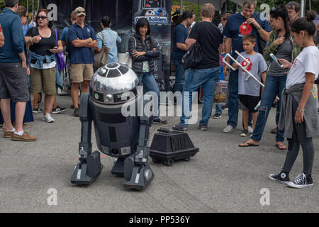 New York, Stati Uniti d'America, 22 settembre, 2018 spettatori guarda controllato via radio Star Wars droids R4K5 realizzato da Matt Dunlop di Astoria, NY e un mousedroid realizzato da Michael Gentile del Jamesbury, NY al mondo Maker Faire di New York City. Il festival è una due giorni di evento che include mostre, workshop e discussioni sulla realizzazione e la cultura DIY.Credit: L.A. Faille/Alamy Live News Foto Stock