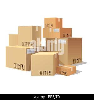 Molti cartoni, scatole di differenti dimensioni, pila di pacchetti Illustrazione Vettoriale