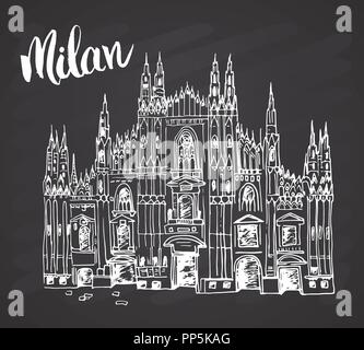 Il Duomo di Milano, Italia. Mano bozzetto di italiano famosa chiesa edificio con scritte Milano, illustrazione vettoriale sulla lavagna backgroun Illustrazione Vettoriale