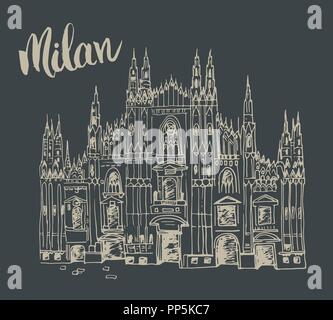 Il Duomo di Milano, Italia. Mano bozzetto di italiano famosa chiesa edificio con scritte Milano, illustrazione vettoriale Illustrazione Vettoriale