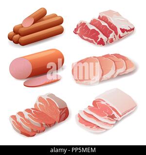 Serie di prodotti a base di carne in stile appartamento, di cottura, di prelibatezze. Illustrazione Vettoriale