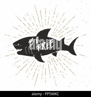 Silhouette di squalo etichetta vintage, mano bozzetto, grunge textured badge retrò, design tipografia t-shirt print, nautico illustrazione vettoriale Illustrazione Vettoriale