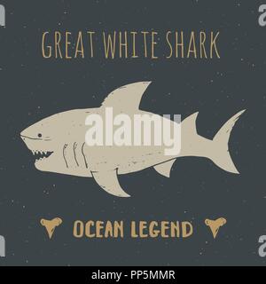 Silhouette di squalo etichetta vintage, mano bozzetto, grunge textured badge retrò, design tipografia t-shirt print, nautico illustrazione vettoriale Illustrazione Vettoriale
