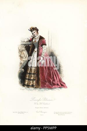 La principessa polacca, XV e XVI secolo. Acciaio Handcolored incisione di Hippolyte Pauquet dai fratelli Pauquet 'Modi et costumi Etrangers Anciens et Modernes' (estera delle mode e dei costumi antichi e moderni), Paris, 1865. Hippolyte (b. 1797) e critica Polydor Pauquet (b. 1799) ha eseguito con successo una casa editrice di Parigi nel XIX secolo, specializzata in libri illustrati sul costume, uccelli, farfalle, anatomia e storia naturale. Foto Stock