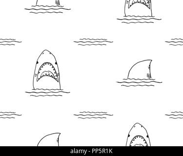 Shark seamless pattern, disegnati a mano abbozzato doodle shark, illustrazione vettoriale Illustrazione Vettoriale