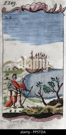 Publio Vergilius Maro ( 70 BC Ð 19 BC), o Virgilio. Antico poeta romano di età augustea. Nota per tre grandi opere della letteratura latina. 'L'Eneide". Incisione. Edito in Parigi, 1729. Colorati. Foto Stock