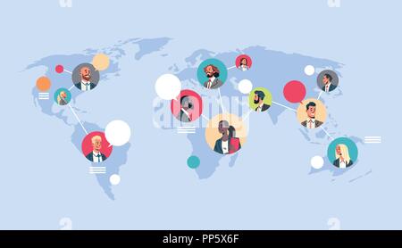 Rete di persone Mappa mondo bolle chat comunicazione globale del lavoro di squadra il concetto di connessione avatar mix gara uomo donna facce cartoon piatto di carattere orizzontale verticale Illustrazione Vettoriale