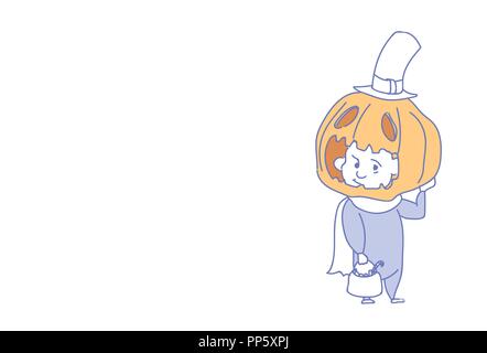 Carino ragazzo indossare la zucca spaventapasseri costume happy Halloween party concetto celebrazione schizzo doodle orizzontale di lunghezza completa Illustrazione Vettoriale