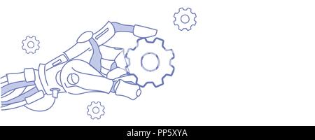 Robot a mano azienda ruota dentata virtual assistenza supporto riparazione concetto di intelligenza artificiale schizzo doodle orizzontale Illustrazione Vettoriale