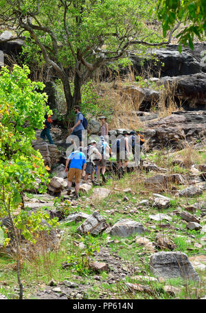 Guida locale conduce una gita fino Injalak Hill (Long Tom Dreaming) con la sua famosa rock gallerie d'arte,Gunbalanya in Arnhem Land,Northern Territory, Australia Foto Stock