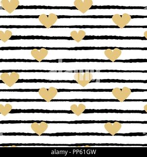 Vettore di seamless pattern illustrazione dello sfondo con disegnati a mano cuori oro su le strisce bianche e nere Illustrazione Vettoriale