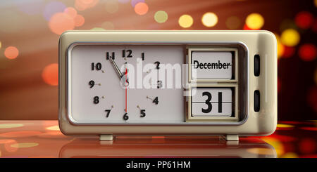 Capodanno a mezzanotte. Retrò orologio sveglia con la data 31 dicembre sulla festosa sfondo bokeh di fondo. 3d illustrazione Foto Stock