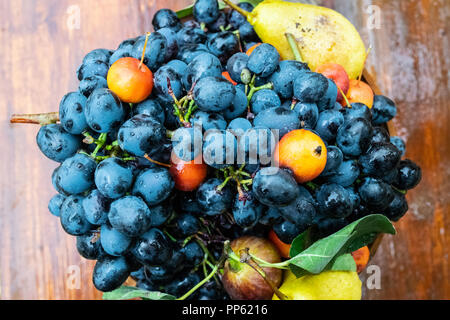 Blue uva e pere in un vaso. Composizione di frutta. Foto Stock