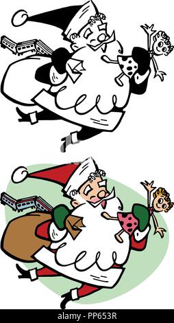Un cartoon di Santa Claus offrendo giocattoli per bambini sul Natale. Illustrazione Vettoriale