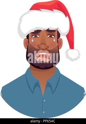 L'uomo africano in un berretto di Babbo Natale. Ritratto di African American l'uomo. African American uomo faccia espressione. Le emozioni umane icona. Set di cartoon vettore i Illustrazione Vettoriale
