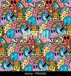 Funny doodle mostri seamless pattern per stampe, disegni e libri da colorare Illustrazione Vettoriale