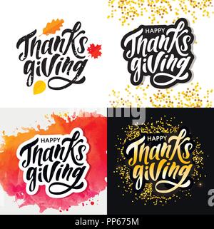 Felice ringraziamento scritte Calligraphy spazzola vacanza testo etichetta vettoriale illustrazione ad acquerello Serie Oro Illustrazione Vettoriale