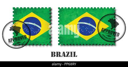 Il Brasile o la bandiera brasiliana pattern francobollo con vecchio grunge texture antigraffio e apporre un sigillo su sfondo isolata . Colore nero nome paese con Illustrazione Vettoriale