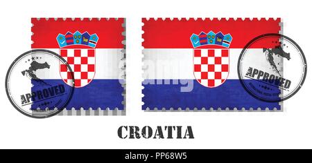 La Croazia o la bandiera croata pattern francobollo con vecchio grunge texture antigraffio e apporre un sigillo su sfondo isolata . Colore nero nome paese con Illustrazione Vettoriale