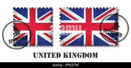 Regno Unito di Gran Bretagna bandiera pattern francobollo con vecchio grunge graffiare la texture e la guarnizione sul background isolata . Colore nero nome paese Illustrazione Vettoriale