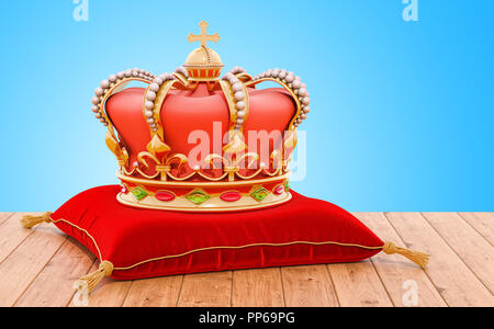 Golden Royal Crown sul velluto rosso cuscino sul tavolo di legno. Il rendering 3D Foto Stock