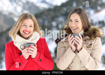 Vista frontale ritratto di due amici che pongono in inverno guardando la fotocamera in una montagna innevata Foto Stock