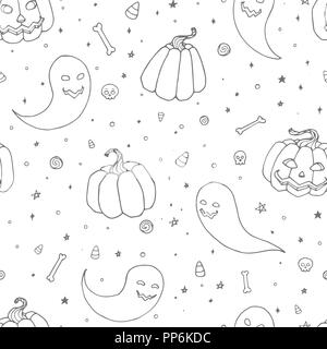 Vector Halloween seamless pattern con zucche, fantasmi con facce spaventoso, ossa e di teschi e dolciumi e contorno di mais nel disegno stile. Disegnata a mano autunno holi Illustrazione Vettoriale
