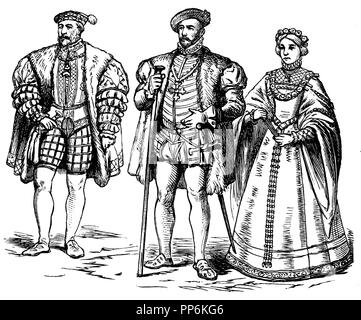 Costume spagnola (1550-1600), Spagna, dal 1522, sinistra: Carlo V (regnò 1516-1556), medio: Don Juan d'Austria (c. 1570), a destra: Maria di Portogallo, primo Cistercense di Filippo II (morto nel 1545), anonym 1896 Foto Stock