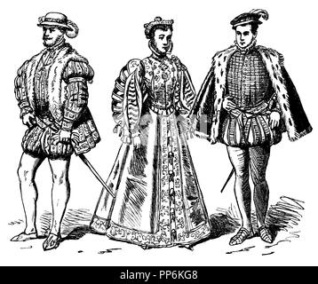 Costume spagnola (1550-1600), Spagna, sinistra: Filippo II (1556-1598), medio: Elisabetta di Valois (morto nel 1568), a destra: Don Carlos (morto nel 1568), anonym 1896 Foto Stock